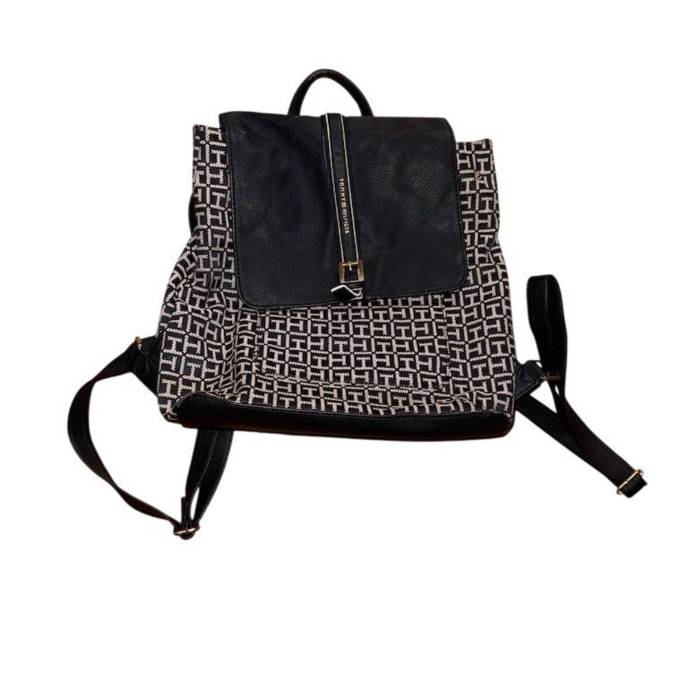 Tommy Hilfiger Backpack Purse Women M Black White TH Monogram Flap gold hardware